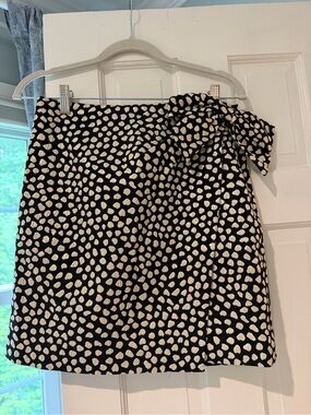 J. Crew Black Mini Skirt with Cream Pebble Print and Side Tie